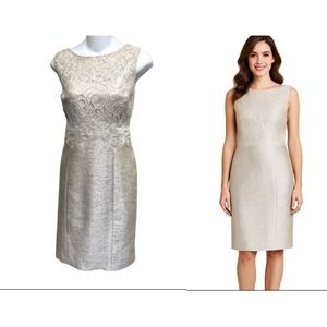 KAY UNGER NY Metallic  Champagne‎ Gold  Lace and Jacquard Combo Sheath Dress~8